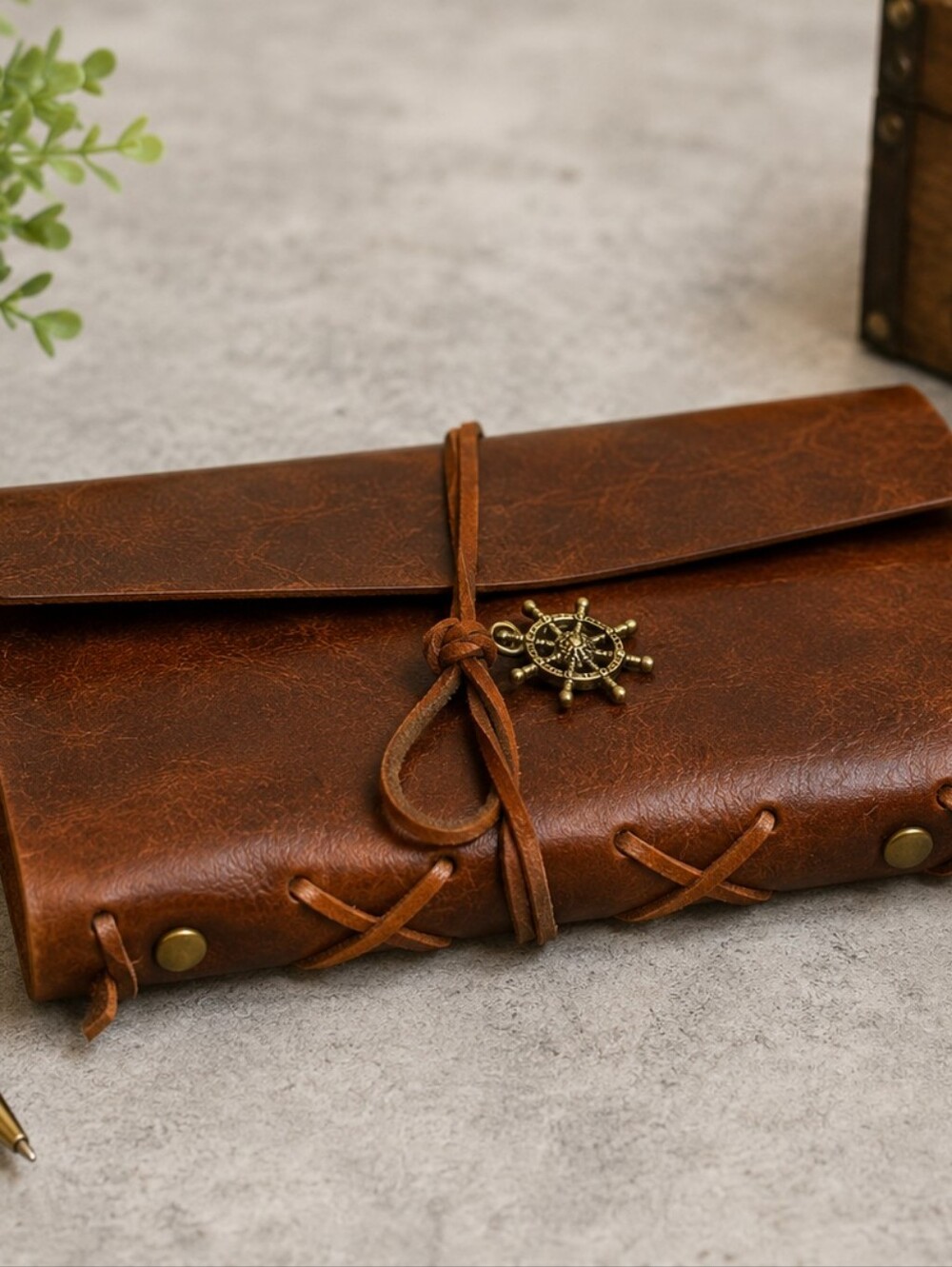 Brown Leather Journal with Nautical Charm Wrap Closure - Picture 2 of 4